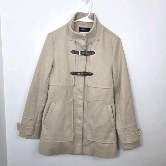 Coffee Shop Tan Preppy Equestrian Wool Blend Outdoor Cute Pea Coat Size XS - Picture 2 of 9